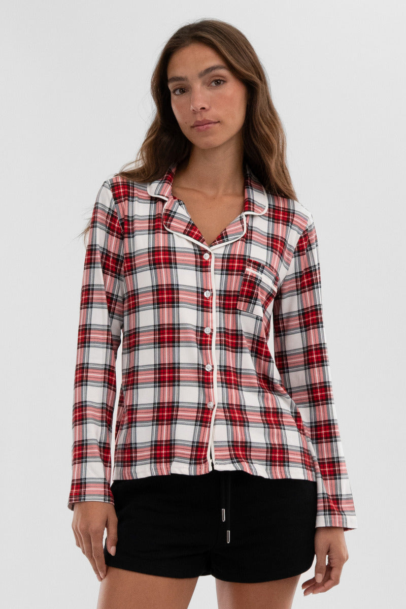 Canada Weather Gear Plaid Button Down Pajama Top - White - Womens Pajamas - Canada Weather Gear