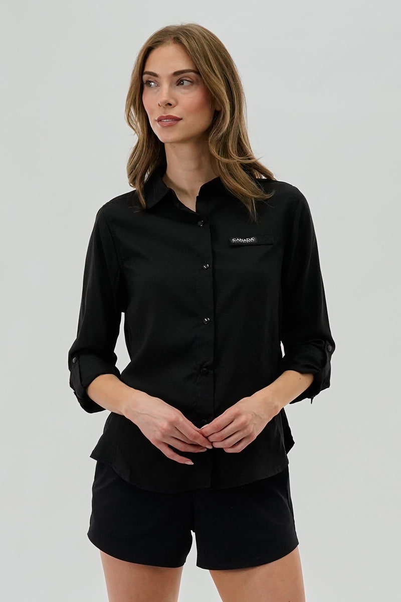 Canada Weather Gear Button Up Collared Shirt - Black - Womens Shirts & Blouses - Canada Weather Gear