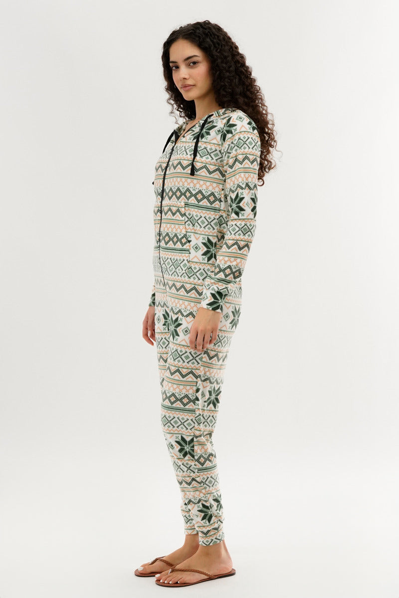 Canada Weather Gear Festive Print Fleece Onesie - White - Womens Onesies - Canada Weather Gear