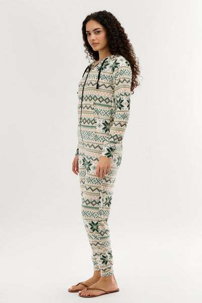 Canada Weather Gear Festive Print Fleece Onesie - White - Womens Onesies - Canada Weather Gear
