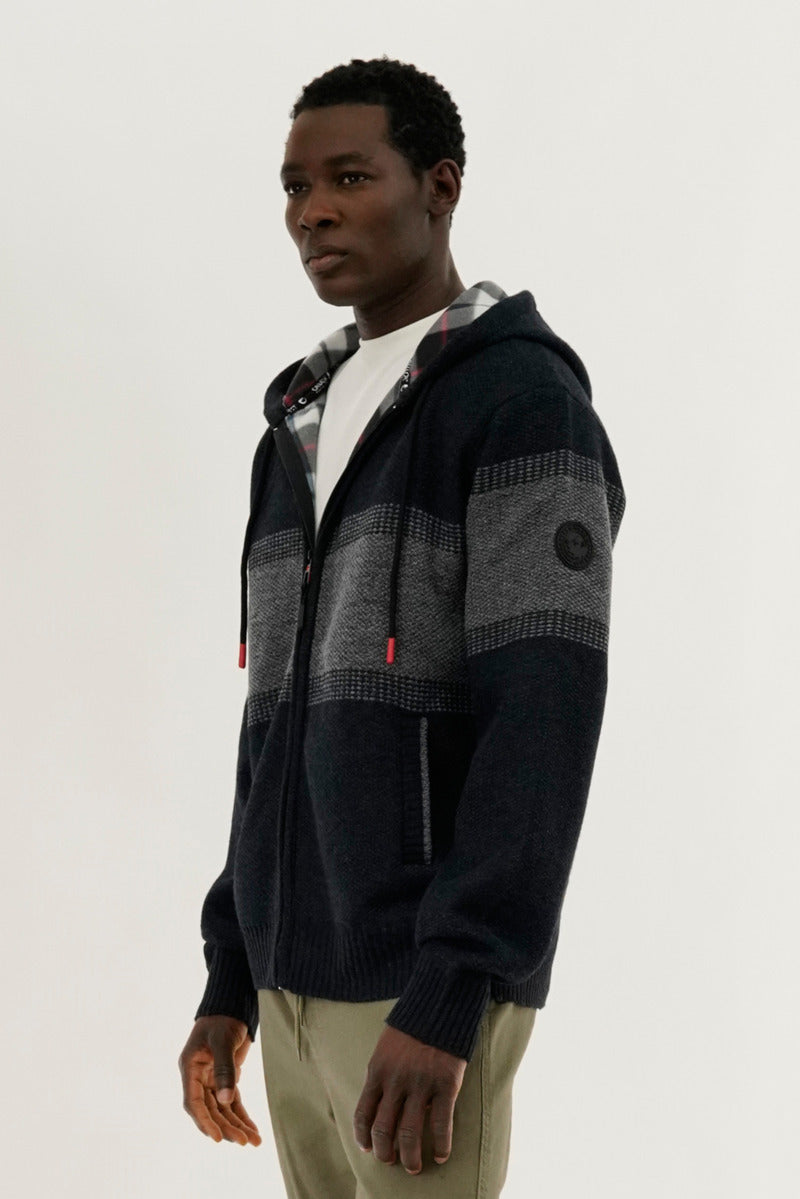 Canada Weather Gear Plaid Lined Striped Zip Up Hoodie - Navy - Mens Hoodies & Sweatshirts - Canada Weather Gear