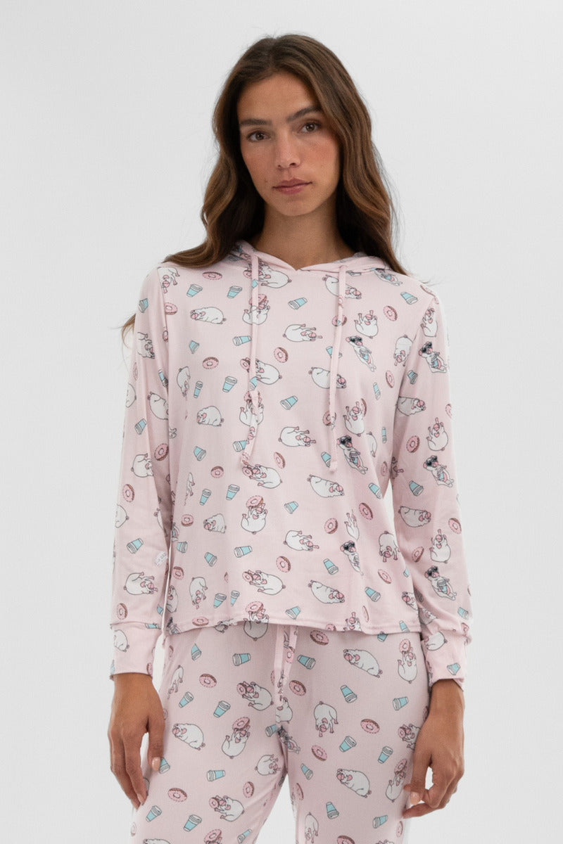 Canada Weather Gear Dog Print Hooded Pajama Top - Blush - Womens Pajamas - Canada Weather Gear