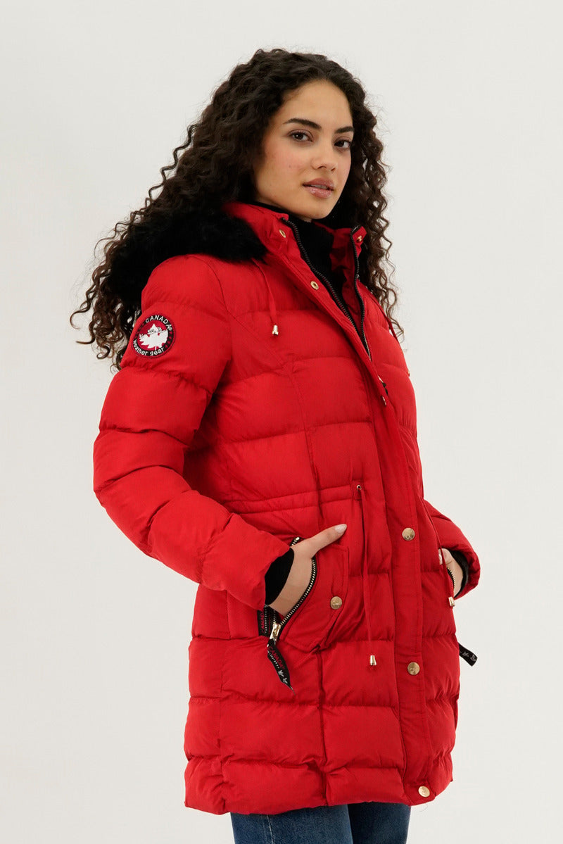 Canada Weather Gear Tie Waist Puffer Parka Jacket - Red - Womens Parka Jackets - Canada Weather Gear