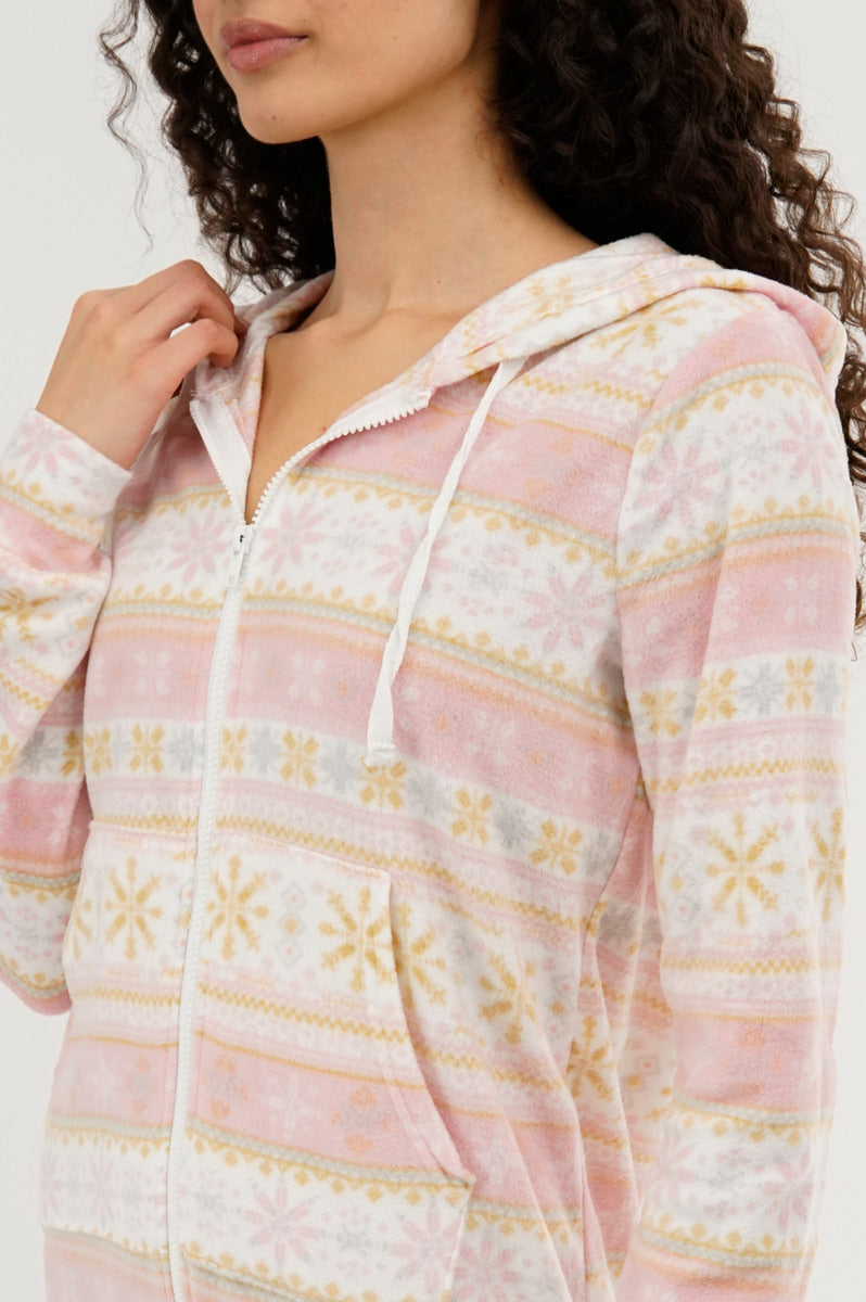 Canada Weather Gear Festive Print Fleece Onesie - Blush - Womens Onesies - Canada Weather Gear