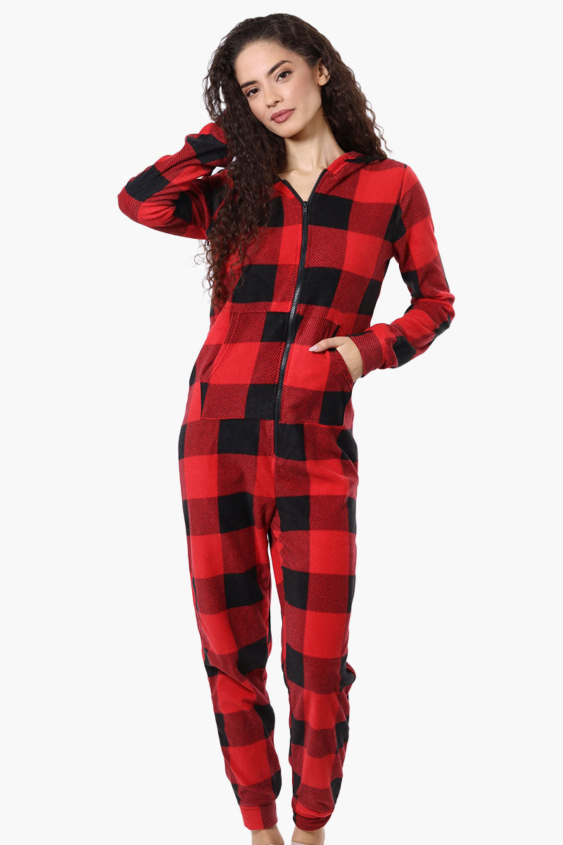 Canada Weather Gear Hooded Plaid Fleece Onesie - Red - Womens Onesies - Canada Weather Gear