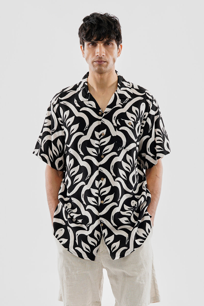 Super Triple Goose Vintage Leaf Print Button Up Casual Shirt - Black - Mens Casual Shirts - Canada Weather Gear