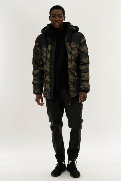 Canada Weather Gear Colour Block Camo Puffer Bomber Jacket - Olive - Mens Bomber Jackets - Canada Weather Gear