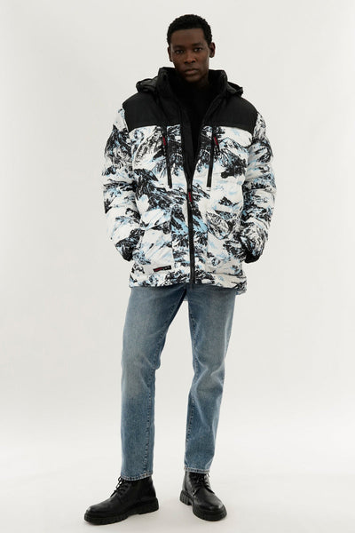 Canada Weather Gear Mountain Print Puffer Bomber Jacket - White - Mens Bomber Jackets - Canada Weather Gear