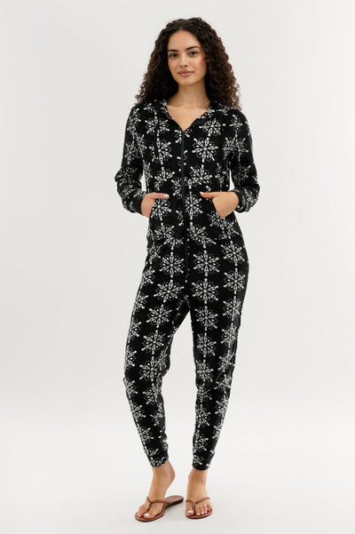 Canada Weather Gear Festive Print Fleece Onesie - Black - Womens Onesies - Canada Weather Gear
