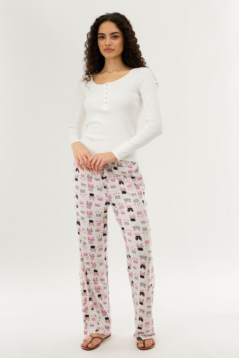Canada Weather Gear Cat Print Wide Let Pajama Pants - Blush - Womens Pajamas - Canada Weather Gear