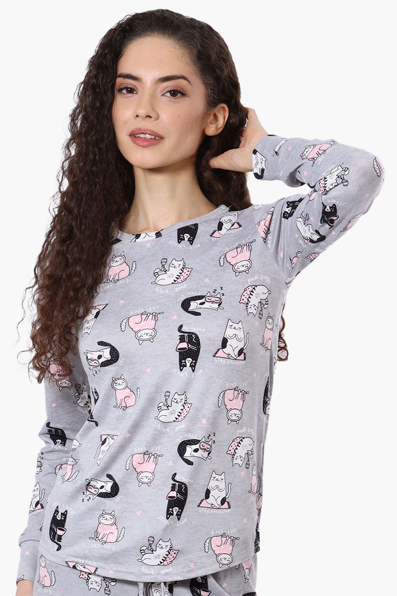 Canada Weather Gear Cat Pattern Crewneck Pajama Top - Grey - Womens Pajamas - Canada Weather Gear