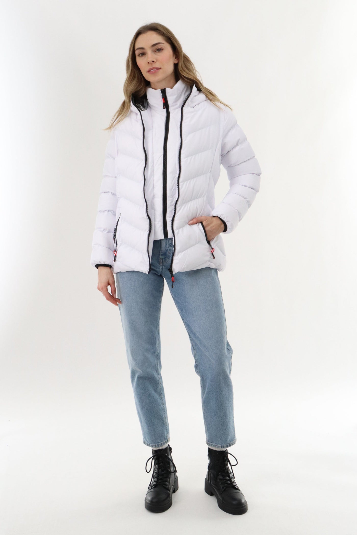 Canada Weather Gear Quilted Puffer Double Zip Bomber Jacket - White - Womens Bomber Jackets - Canada Weather Gear
