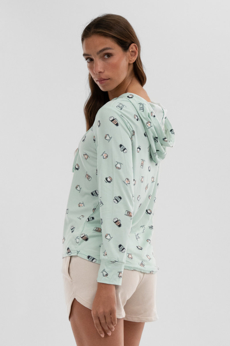 Canada Weather Gear Coffee Print Hooded Pajama Top - Mint - Womens Pajamas - Canada Weather Gear