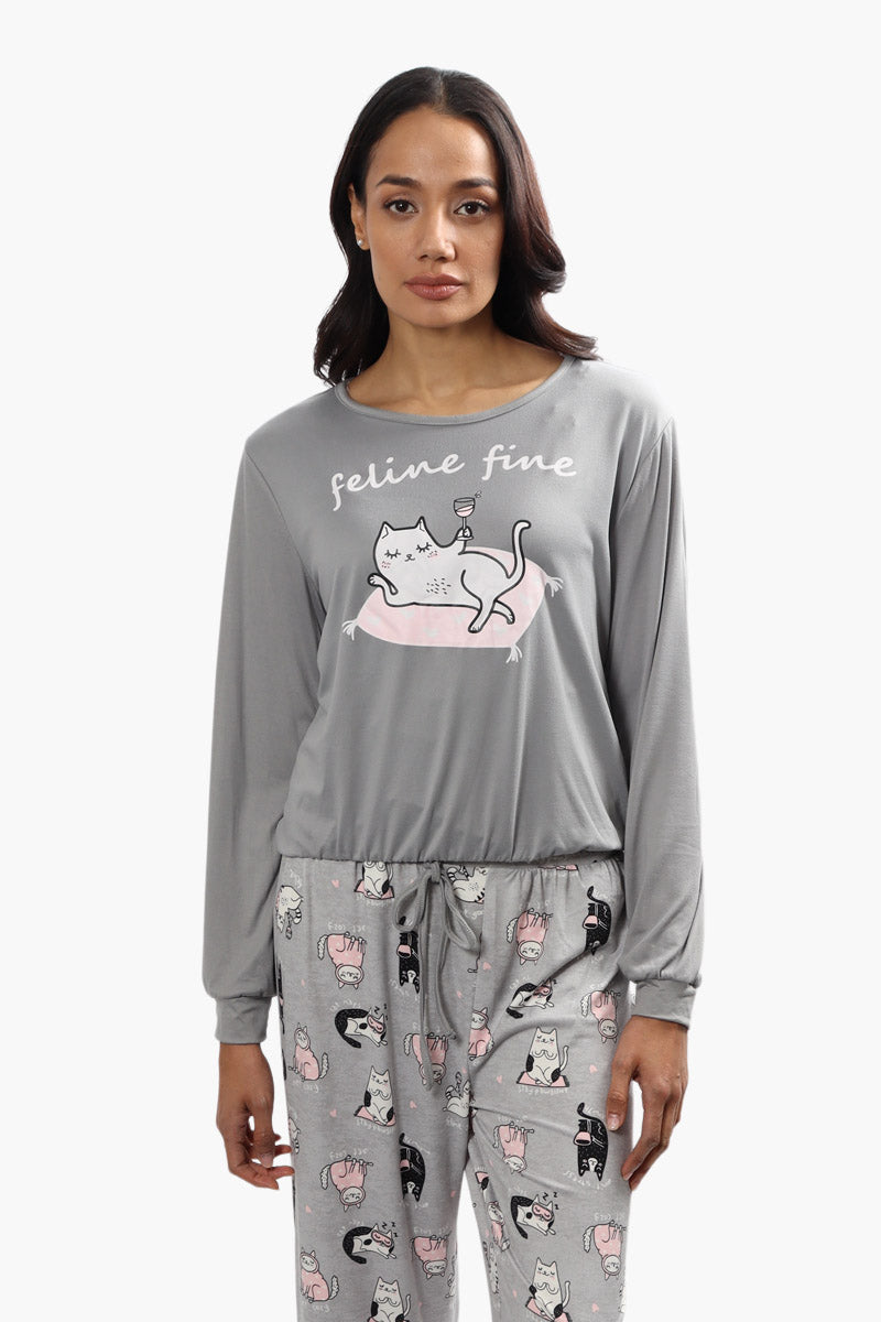 Cuddly Canuckies Feline Fine Print Pajama Top - Grey - Womens Pajamas - Canada Weather Gear