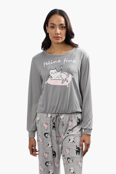 Cuddly Canuckies Feline Fine Print Pajama Top - Grey - Womens Pajamas - Canada Weather Gear