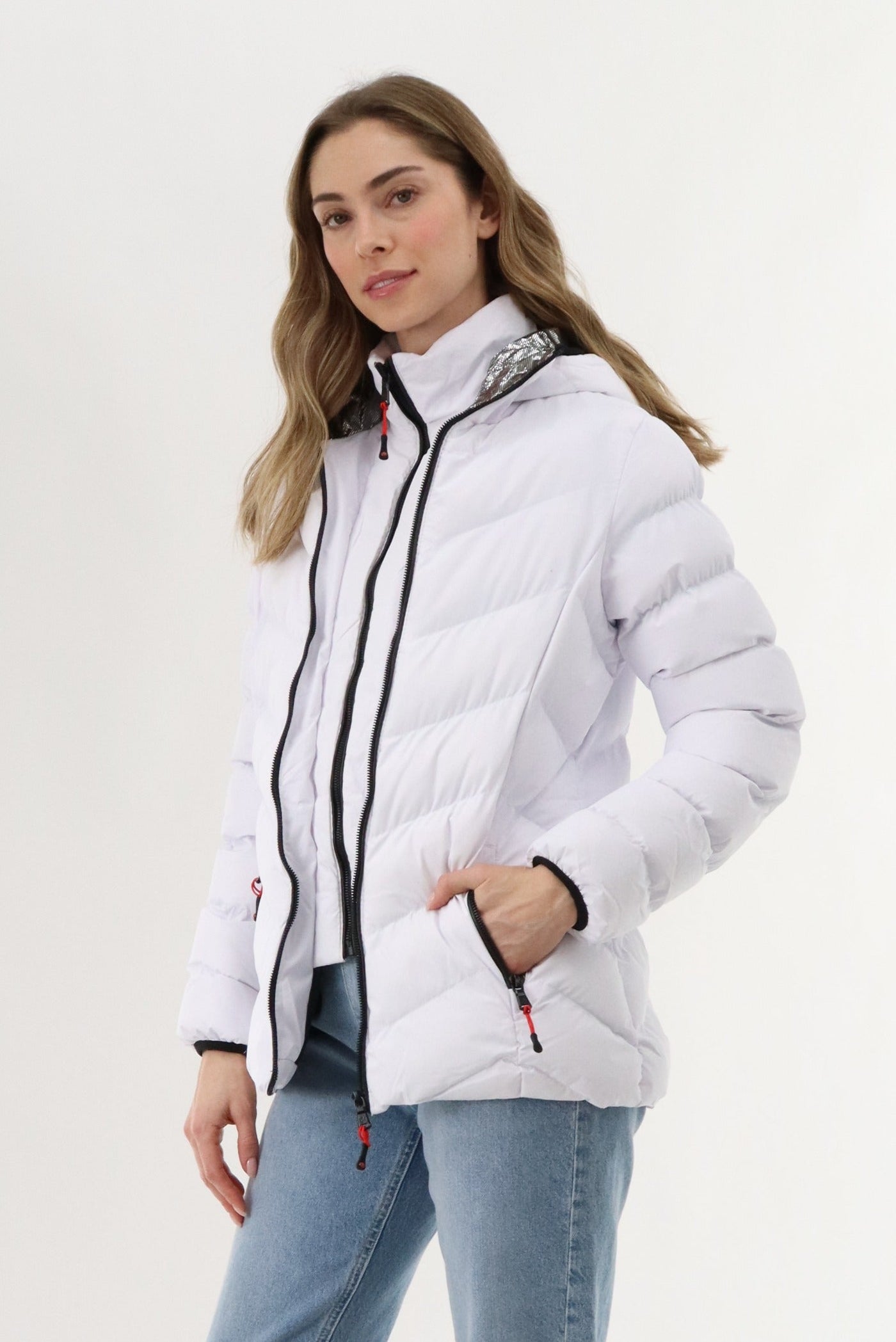 Canada Weather Gear Quilted Puffer Double Zip Bomber Jacket - White - Womens Bomber Jackets - Canada Weather Gear