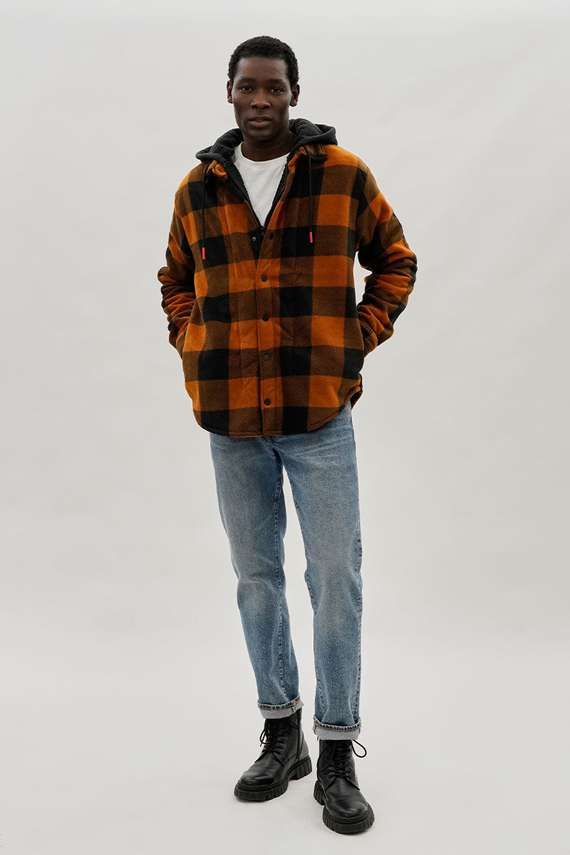 Plaid Sherpa Lined Lightweight Jacket - Orange