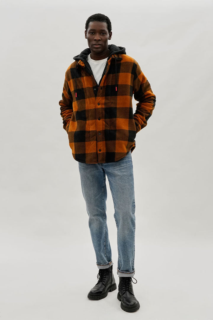 Plaid Sherpa Lined Lightweight Jacket - Orange