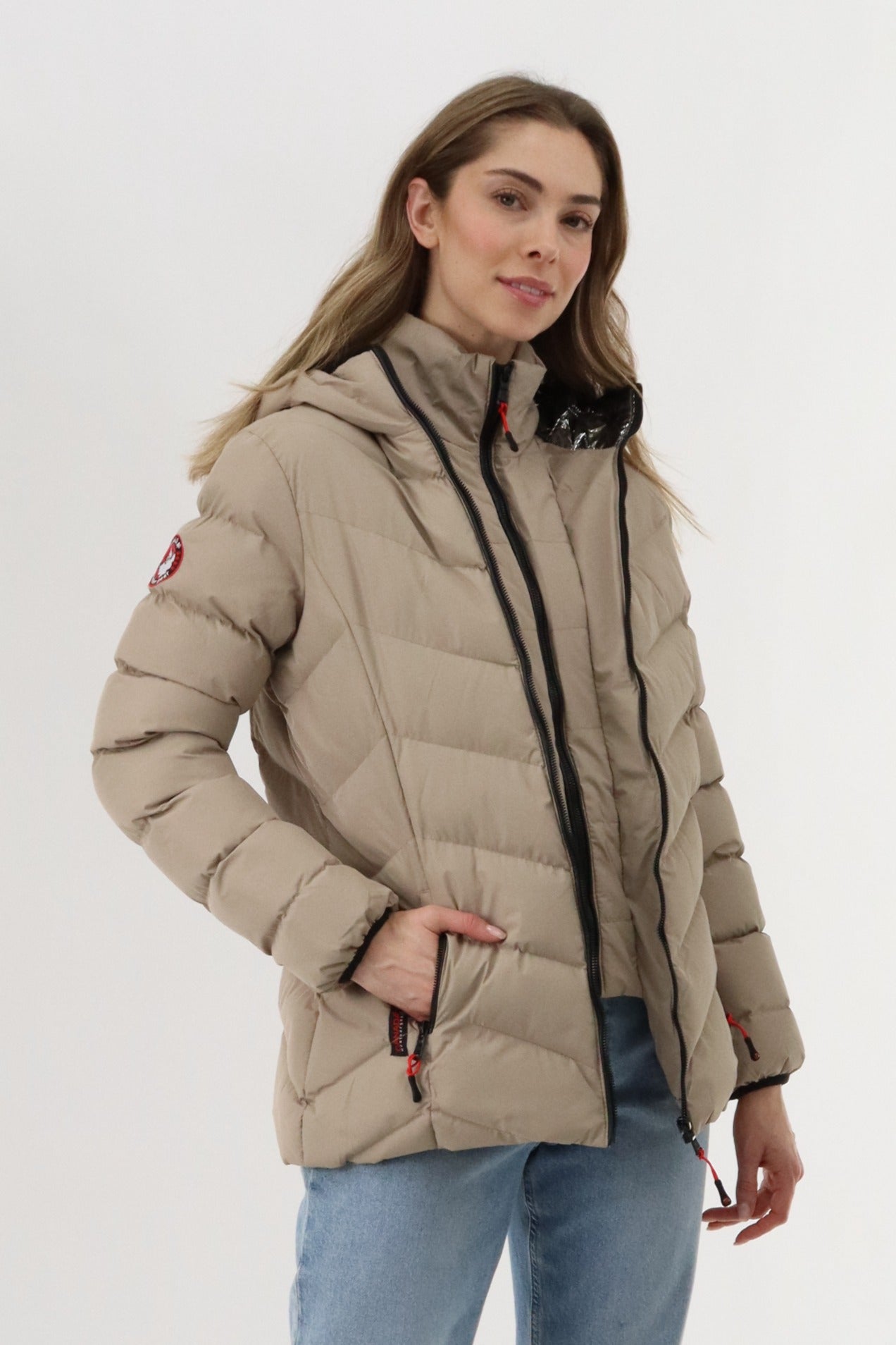 Canada Weather Gear Quilted Puffer Double Zip Bomber Jacket - Beige - Womens Bomber Jackets - Canada Weather Gear