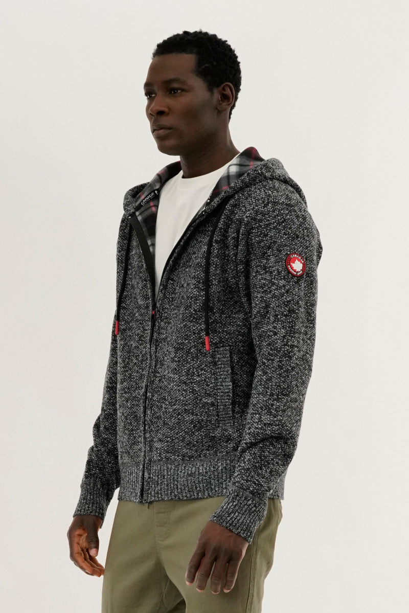 [新品] Zip-Up Hoodie In Wool Flannel M0 Plaid Lined Zip Up Knit Hoodie - Black
