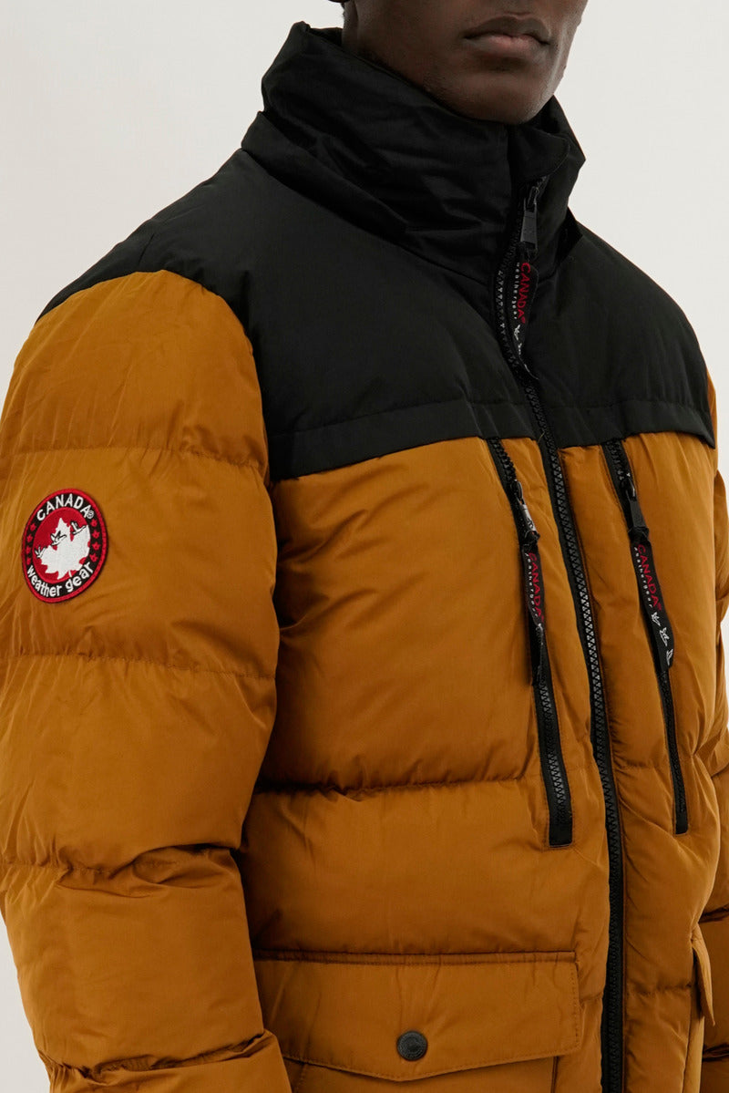Canada Weather Gear Colour Block Puffer Bomber Jacket - Caramel - Mens Bomber Jackets - Canada Weather Gear