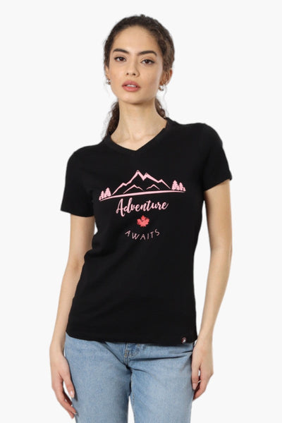 Canada Weather Gear Adventure Awaits V-Neck Tee - Black - Womens Tees & Tank Tops - Canada Weather Gear