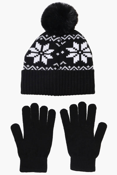 Canada Weather Gear Gloves Festive Pom Pom Hat Set - Black - Womens Hats - Canada Weather Gear