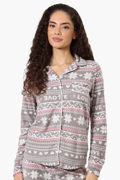 Canada Weather Gear Love Pattern Button Down Pajama Top - Grey - Womens Pajamas - Canada Weather Gear