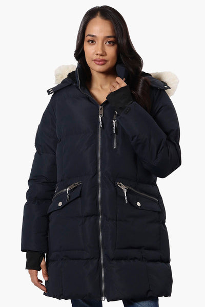 Super Triple Goose Faux Fur Thumb Hole Parka Jacket - Navy - Womens Parka Jackets - Canada Weather Gear