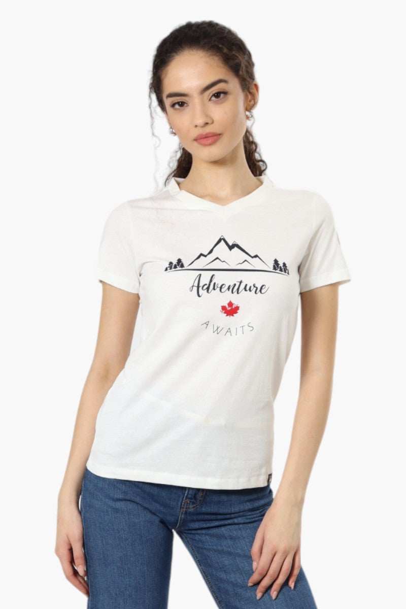 Canada Weather Gear Adventure Awaits V Neck Tee - White - Womens Tees & Tank Tops - Canada Weather Gear