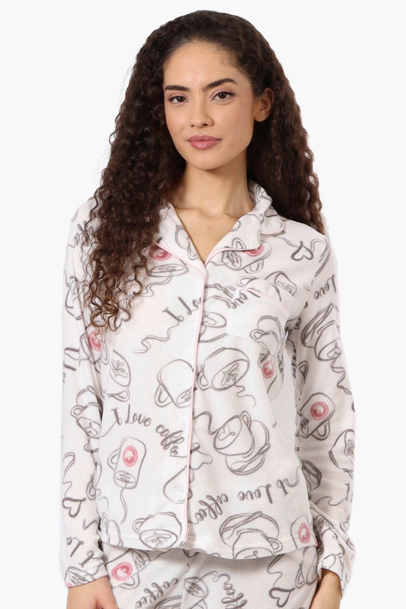 Canada Weather Gear Coffee Pattern Button Down Pajama Top - White - Womens Pajamas - Canada Weather Gear