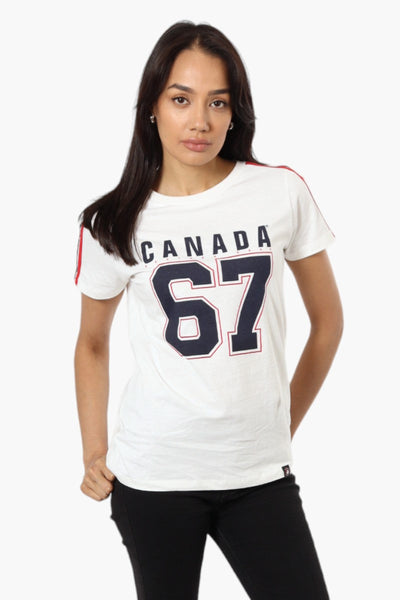 Canada Weather Gear Striped Shoulder 67 Print Tee - White - Womens Tees & Tank Tops - Canada Weather Gear